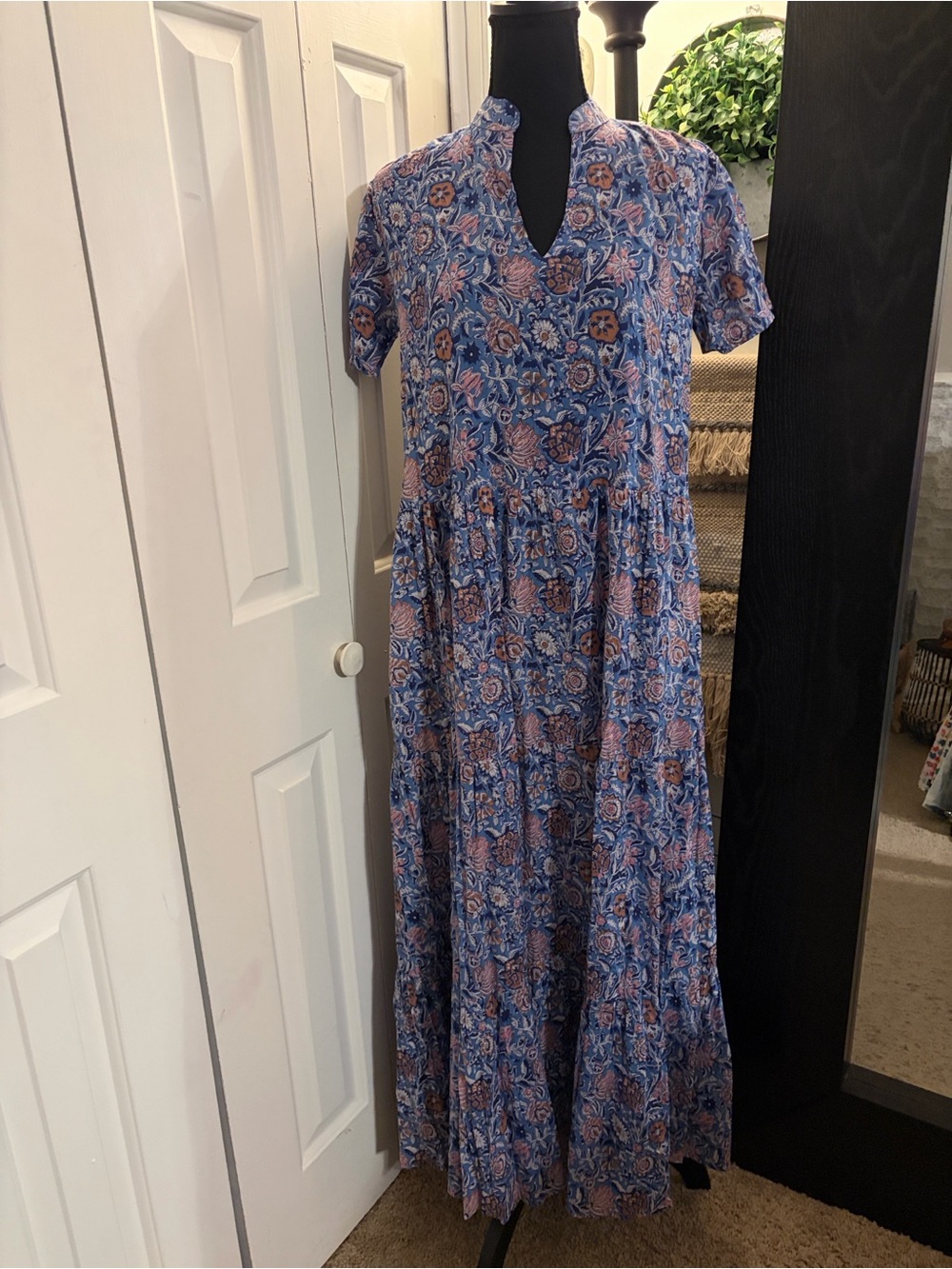 Dolma Alia Maxi Dress with Blue Floral Block Print with Tiered Skirt